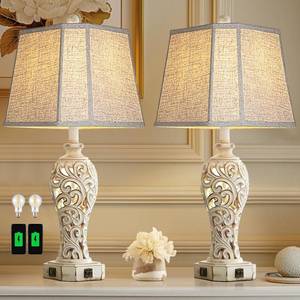 lot 101504 image: Set of 2 Rustic Table Lamps for Living Room Bedroom, Farmhouse Vintage Nightstand Lamp with 2 USB Ports, Hollow Out Resin Lamp for End Table with Nightlight (Wash White)