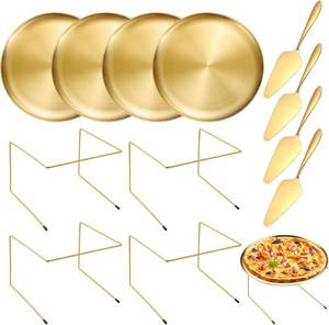 lot 201317 image: GRETJOB 12 Pcs Pizza Pan Riser Stand Set, 4 Metal Pizza Table Stands  4 Nonstick Pizza Pans  3 Pie Servers, Gold Pizza Rack & Tray for Baking, Dessert, Cheese, Party, and Restaurant Use (Gold)