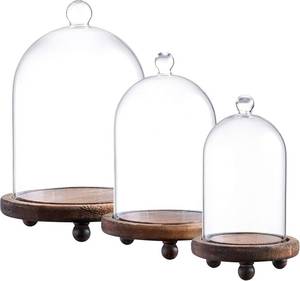 lot 201343 image: KMwares 3pcs Plastic Bell Shape Dome(5.74.94.3)  Cloche Display various decor and accessories with Wood Base