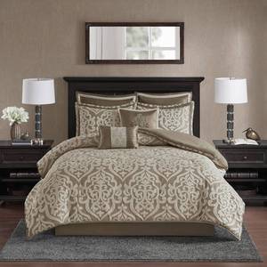 lot 301345 image: Retails for $125 Madison Park Odette Cozy Comforter Set Jacquard Damask Medallion Design - Modern All Season, Down Alternative Bedding, Shams, Decorative Pillows, Cal King(104 in x 92 in), Tan 8 Piece
