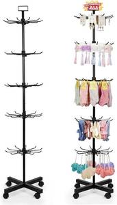 lot 301361 image: 7-Tier Metal Spinning Display Stand Rack with Wheels, Black Iron, 50 Hooks, Lockable Wheels, Ideal for Jewelry, Accessories, Foods