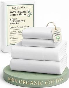 lot 401264 image: LANE LINEN 100% Organic Cotton California King Sheets Set, 4-Piece Pure Long Staple Percale Weave Ultra Soft Best Bedding Sheets for Bed, Fits Mattress Upto 15 Deep Cal King Sheets- White
