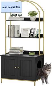 lot 201326 image: Retails for $107 Homhedy Cat Litter Box Enclosure, Litter Box Furniture Hidden with 2-Tier Storage Shelves, Wooden Cat Washroom Furniture with Metal Frame, Modern Style, Black and Gold