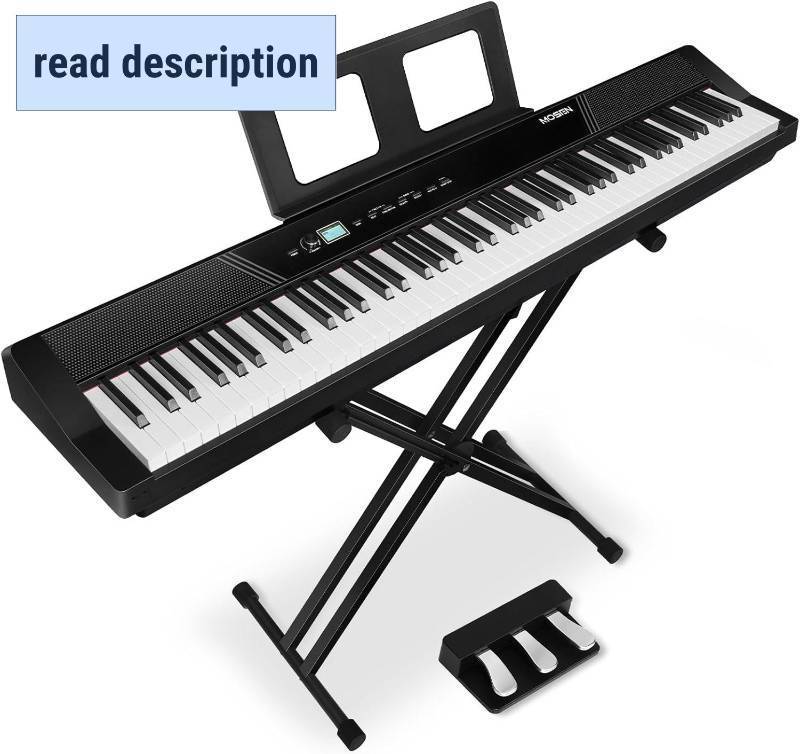 lot 231211 image: Retails for $300 MOSEN Digital Piano 88-Key Full Size Weighted Piano, Electronic Keyboard Piano, Hammer Action, with Music Stand, Double X frame, 3-Pedal, 10Voice Settings, for Beginner Professional at HomeStage