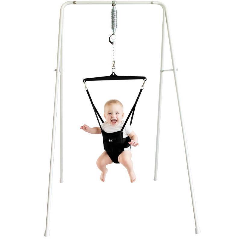lot 441816 image: Retails for $108 Jolly Jumper Classic (Black) with Stand - Original Baby Jumper, Indoor and Outdoor Exercise Saddle Seat, Adjustable Height, for Infants up to 28lbs