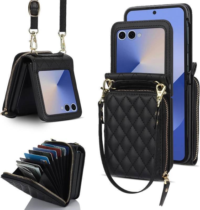 lot 191568 image: Konstreet for Samsung Galaxy Z Flip 7 Case with Card Holder with 8-Card Slots Wallet Case with Detachable Strap Crossbody Lanyard Soft PU Leather for Women- Black