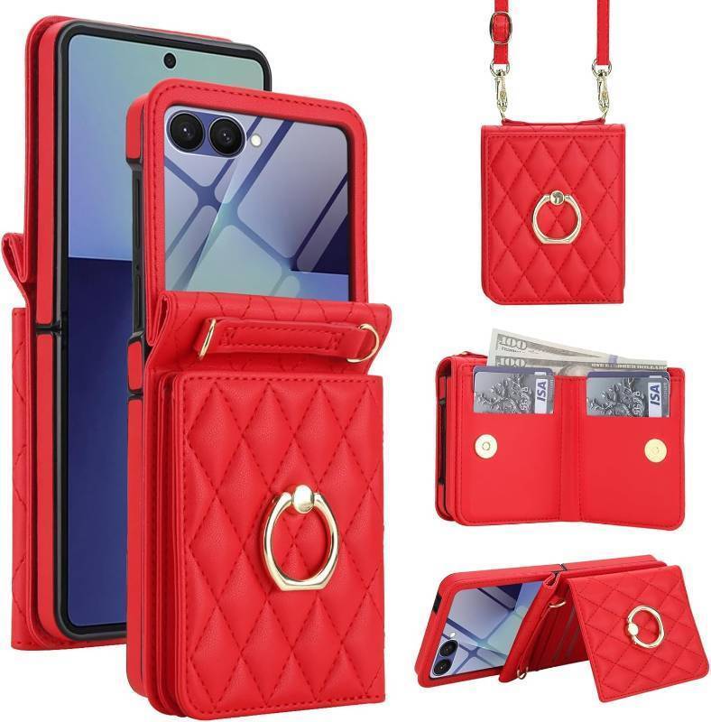 lot 191571 image: Konstreet for Samsung Galaxy Z Flip 7 Wallet Case - Crossbody Purse Cover with Lanyard, Ring, Card Holder, Screen Protector & Kickstand (Red)