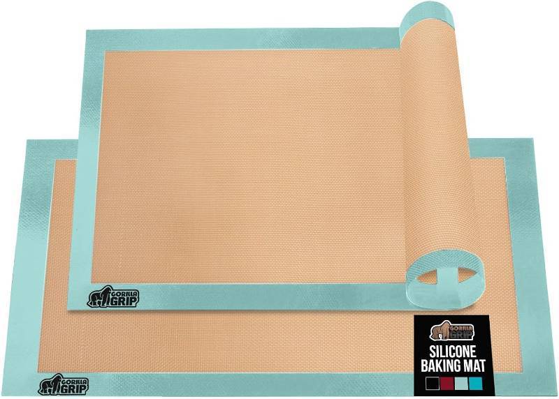 lot 161208 image: GORILLA GRIP Reusable Nonstick Silicone Baking Mat, 2-Pack, BPA-Free Oven Safe Food Liner for Toaster Ovens, Mini Cookie Sheets, Easy Clean, Holiday Baking Essentials, 11.75x8.25, Quarter Sheet, Mint