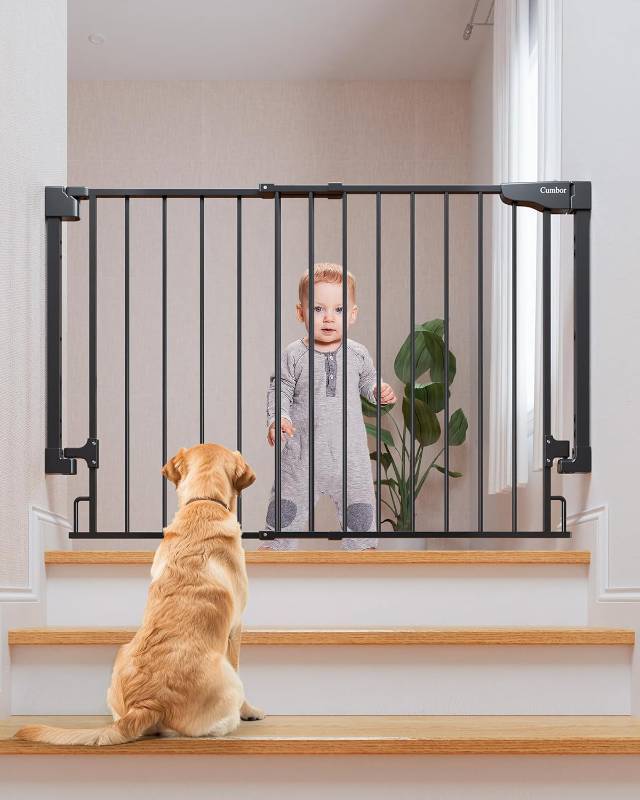 lot 351419 image: Cumbor 29.2 43 Baby Gate for Stairs, Wall-Mounted (Drill Required), Expandable No Bottom Bar Dog Gate, Auto Close Extra Wide Walk Thru, Pet & Toddler Proof Gate, Top & Bottom of Stairways(Black)