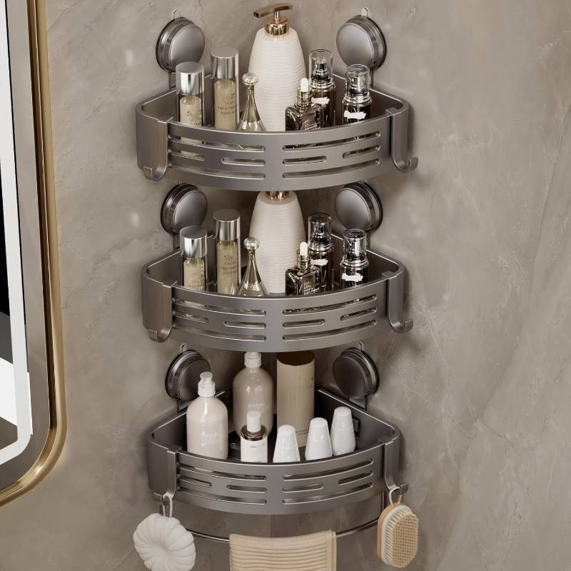 lot 361187 image: VOLPONE Corner Shower Shelf Suction Cup Shower Caddy Corner No Drilling Bathroom Shower Organizer Storage Rack Adhesive with Towel Bar (3-Pack, Gray)