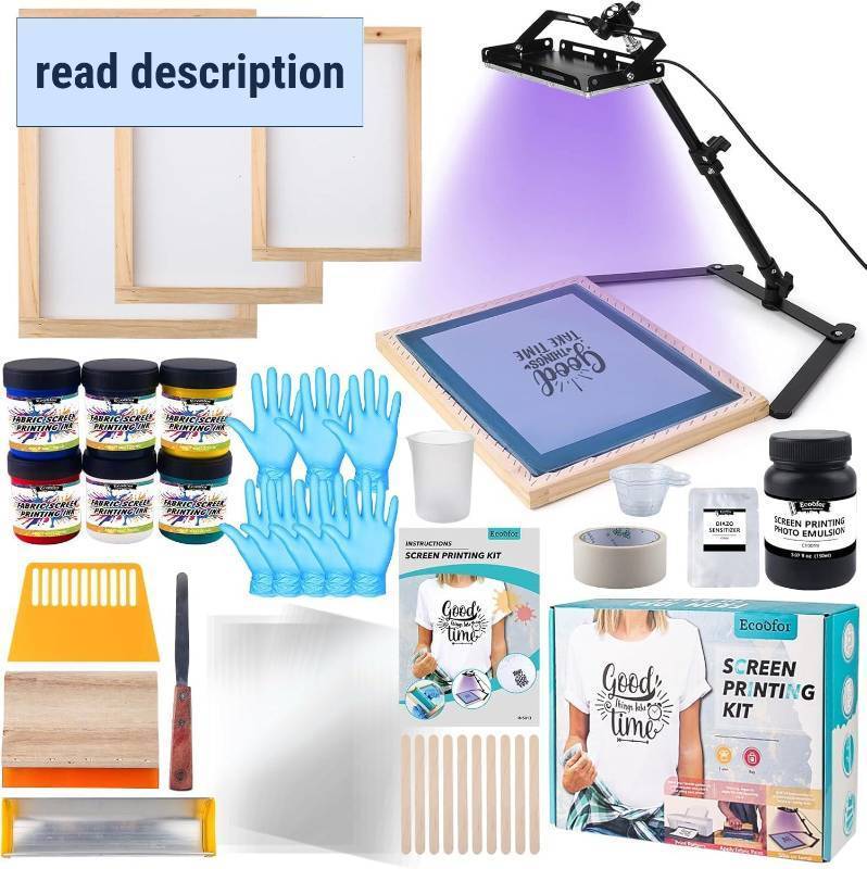 lot 171046 image: Retails for $130 Ecoofor Screen Printing Kit 53pcs All-in-One Set with 50W UV Exposure Lamp,3 Size Wood Screen Printing Frames, 6 Colors Screen Printing Ink, 15 A4 Size Inkjet Transparency Films