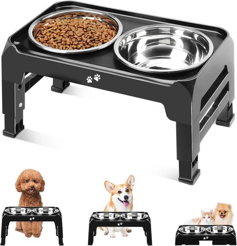 lot 171087 image: COMESOON Elevated Dog Bowls for Small Medium Dogs, 3 Height Adjustable Raised Stand with 2 Thick 6 Stainless Steel Food Bowls, Non-Slip Feeder Adjusts to 2.75, 6, 7.5, Black