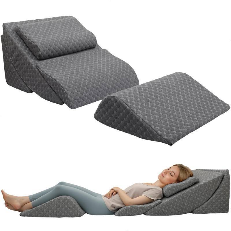 lot 101372 image: Retails for $160 Adjustable Orthopedic Bed Wedge Pillow Set, Post Surgery Recovery, Memory Foam Wedge Pillow for Back, Knee and Leg Pain Relief, Sleeping, Sitting up in bed, Reading, Acid Reflux, Snoring, Melange Gray