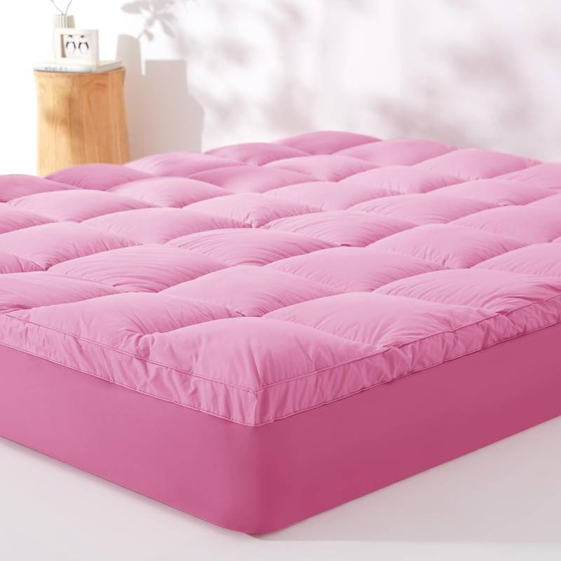 lot 101383 image: KUB Twin Cotton Mattress Topper, Breathable Pillow Top with 8-21 Inch Deep Pocket, 3D Snow Down Alternative Fill, Fluffy College Dorm Mattress Pad Cover (Pink, 39  75inch)