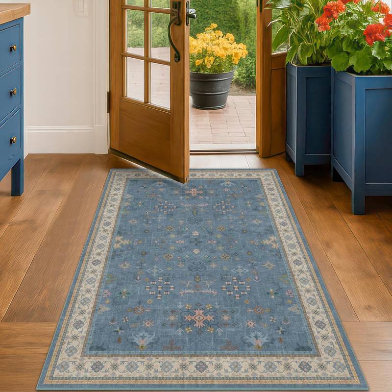 lot 191618 image: Washable Blue Rugs for Entryway Indoor - 3x5 Throw Rug for Large Kitchen, Bedroom Bedside, Laundry Room, Mudroom, Boho Eclectic Modern D cor, Non Slip Low Pile Fade Resistant