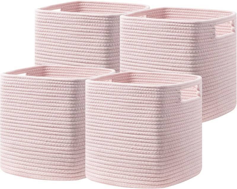 lot 191624 image: UBBCARE Set of 6 Storage Basket-12 X 12 X 12 in, Cotton Rope Basket for Shelves, Toys, Book, Cube Storage Bins with Handles, Woven Storage Basket for Organizing, Pink