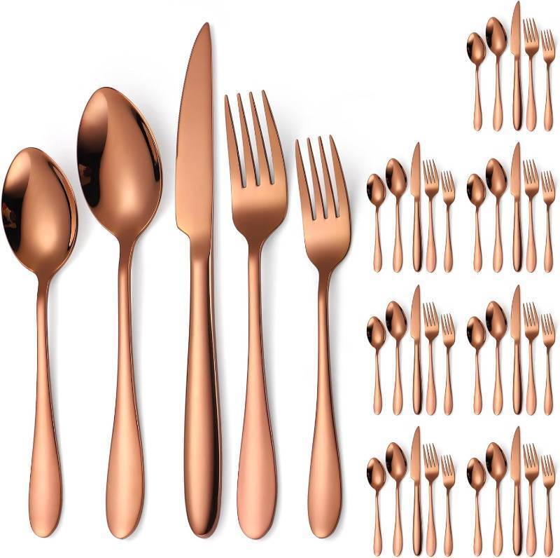 lot 391545 image: Copper Flatware Set 8 Stainless Steel Silverware 40 Pieces include Forks Spoons Knives Heavy Duty Durable for Home Kitchen Festival Parties Resturant Utensils