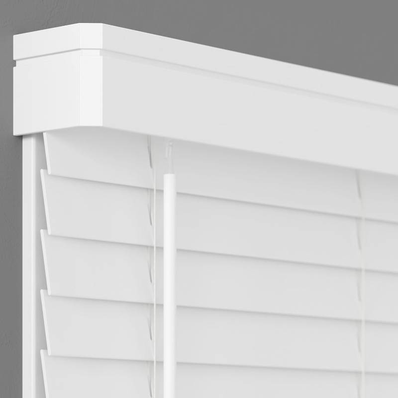 lot 241900 image: 2 Inch Cordless Faux Wood Blind with Contemporary Valance - 33 W x 64 L - White, Over 900 Custom Sizes Starting at 19.97, Smooth Room Darkening Slats for Interior Windows by Lumino