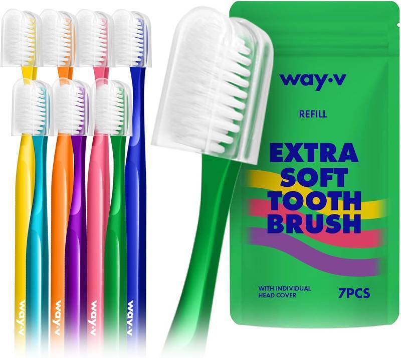 lot 241925 image: WAY.V Extra Soft Toothbrush Refill for Adults Sensitive Gums and Teeth with Individual Head Covers, 7 Pcs Manual Toothbrushes - Family and Guests - Green (7 Counts, Soft Bristle)