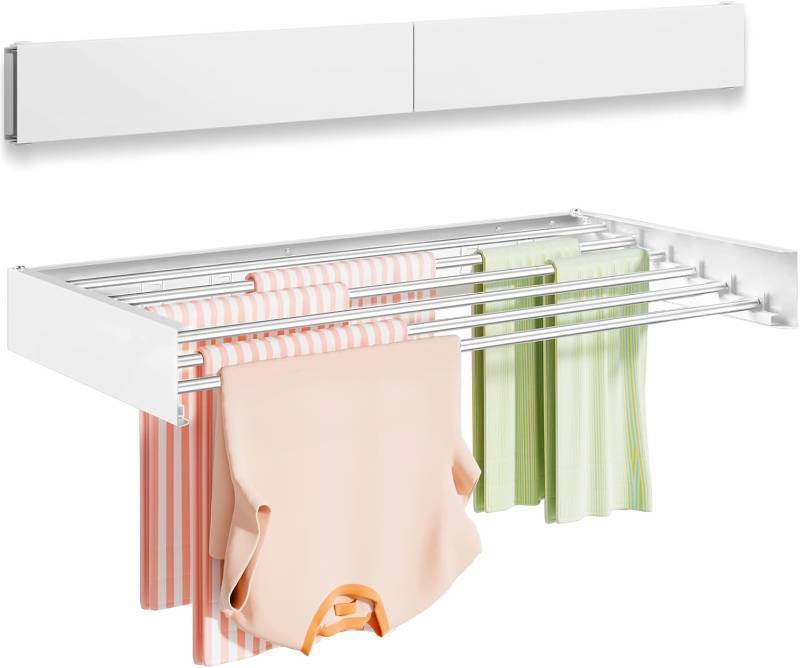 lot 341911 image: Wall Mounted Clothes Drying Rack 40 inches, Foldable Wall Mount Laundry Rack Folding Indoor, Drying Rack Clothing Collapsible, Hidden Space Saver with Wall Template, 6 Rods, White