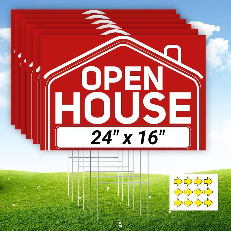 lot 261362 image: Open House Signs for Real Estate, 24 x 16 Extra-Large Open House Signs with Sturdy Metal Stakes and Arrow Stickers, Double-Sided Waterproof Yard Signs for Open House Supplies (7 Signs)