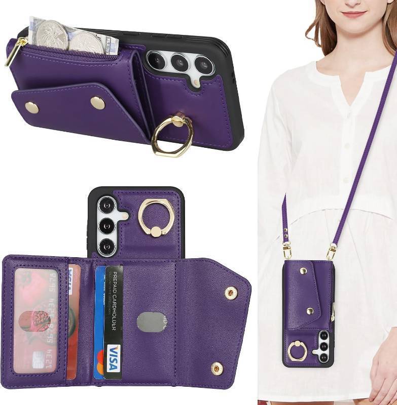 lot 371111 image: for Samsung Galaxy S24 Case with Card Holder and Strap - Zipper Pocket,Crossbody Lanyard Strap,Credit Card Holder,Stand Ring,Cute Phone Wallet Case for Women(Dark Purple,6.2 Inch)