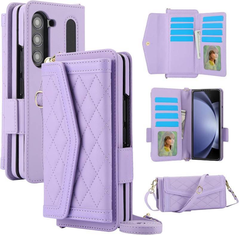 lot 471238 image: for Samsung Galaxy Z Fold 7 Wallet Case - Stitching Pattern RFID Blocking Card Holder, S Pen Slot Crossbody Strap, Full Body Protection Flip Cover for Women Purple
