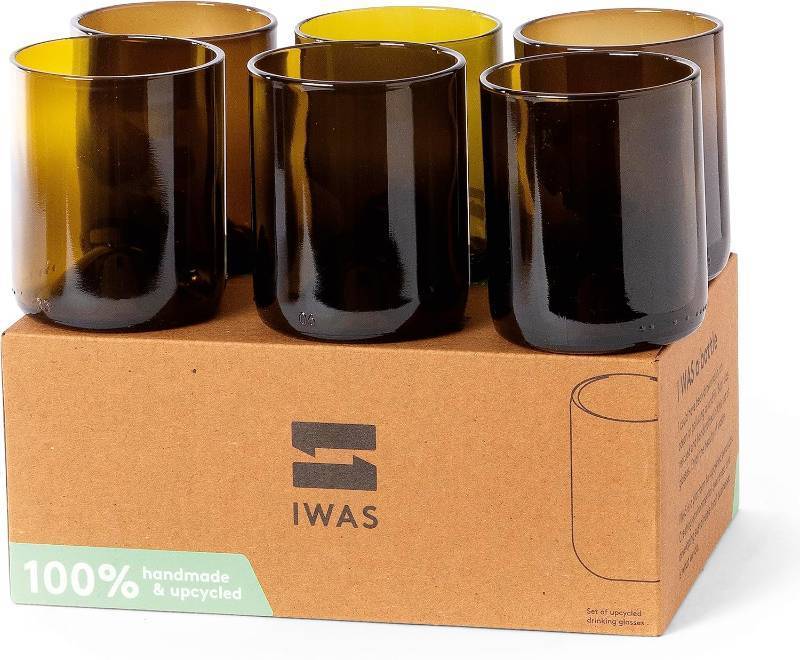 lot 201262 image: IWAS Upcycled Olive Drinking Glasses  250 ML  8.45 OZ  Set of 6  Sustainable Water Glasses  Environmentally Friendly Dark Brown Glasses For Home