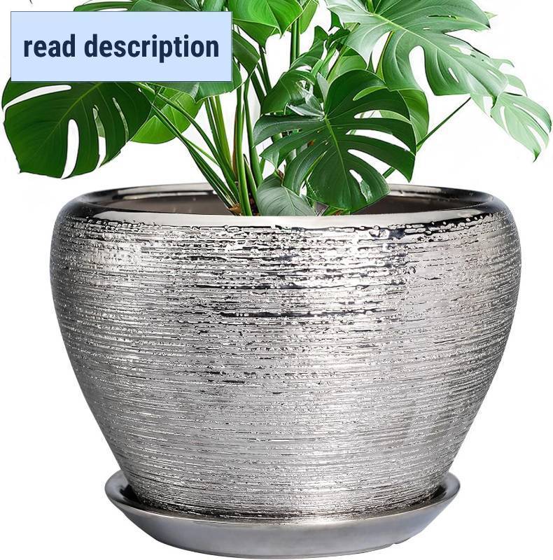 lot 401235 image: Flower Pot - 10 Inch Planter with Drainage Hole and Saucer - IndoorOutdoor Decorative Mid-Century Planter - Silver