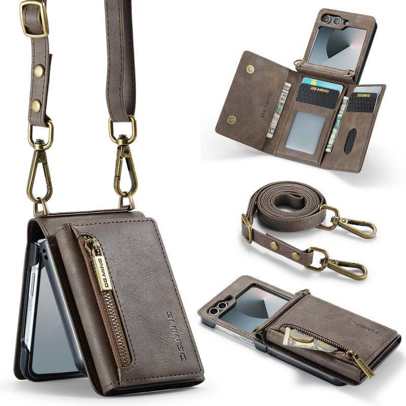 lot 401250 image: for Samsung Galaxy Z Flip 6 Wallet Case Tri-Fold Zipper with 6 Card Slots and 1 Zipper Pocket and Long Lanyard PU Leather Pocket Stand Protective Cover- Coffee Brown
