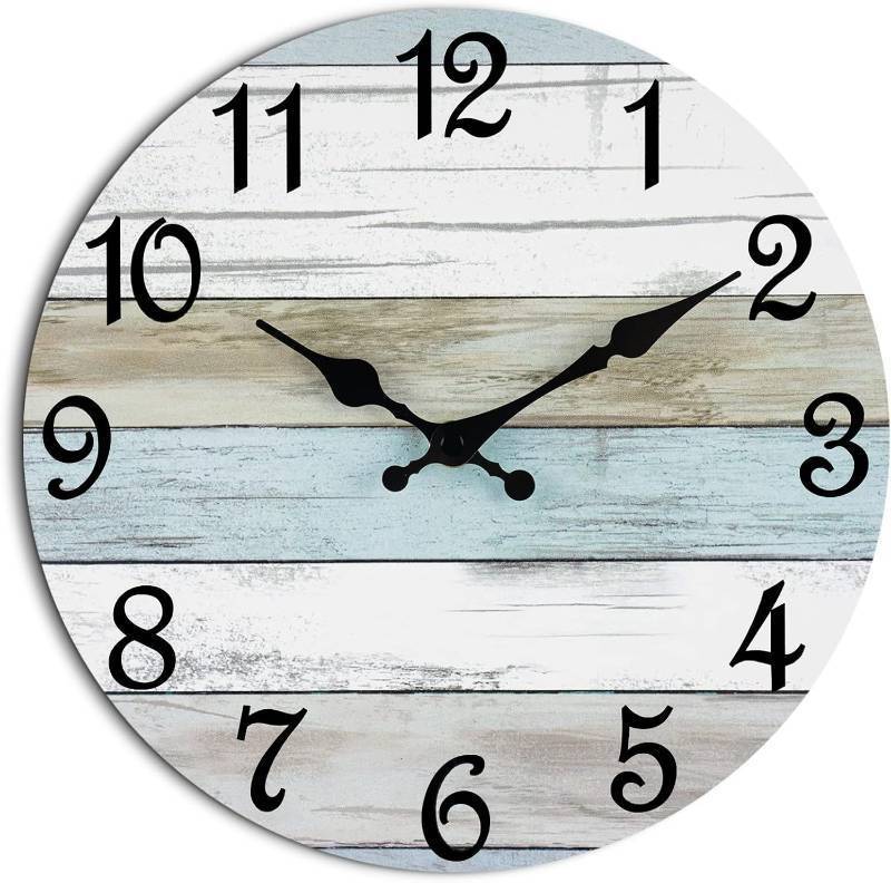 lot 191657 image: CHYLIN Wall Clock - 18 Inch Silent Non Ticking Wall Clocks Battery Operated, Wooden Rustic Farmhouse Larger Clock Decorative for Living Room, Kitchen (Blue)