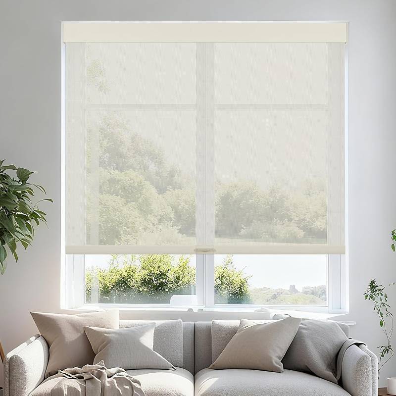 lot 291523 image: Persilux Free-Stop Cordless Roller Shades for Windows Light Filtering Shades, 5% Openness Solar Screen Semi Sheer Roller Blinds UV Protection for Office and Home. Easy to Install 34.5W x 72H, Beige