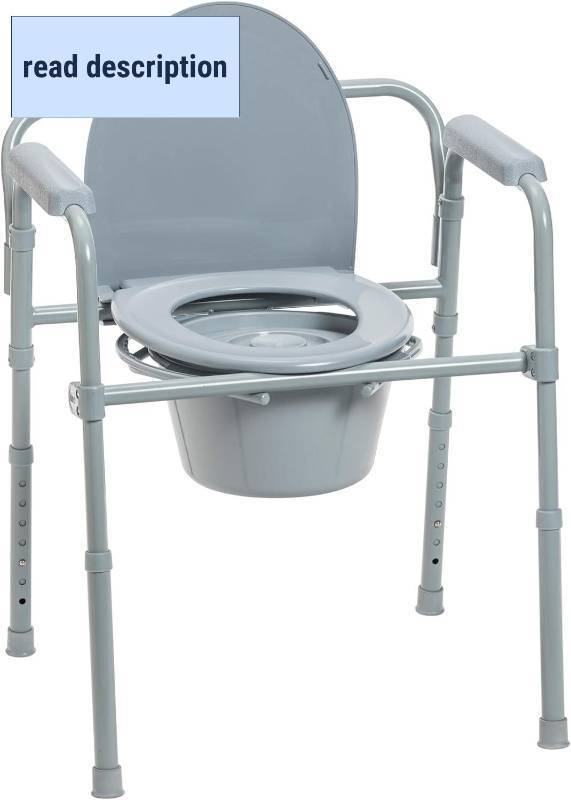 lot 391564 image: Drive Medical 11148-1 Folding Steel Bedside Commode Chair, Portable Toilet, Supports Individuals Weighing Up To 350 Lbs, with 7.5 Qt. Bucket and 13.5 Inch Seat, Grey