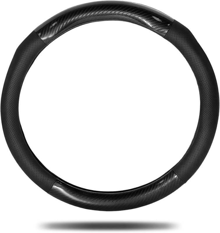 lot 391592 image: Car Steering Wheel Cover Black, Non-Slip Wear-Resistant Carbon Fiber Steering Wheel Cover, Breathable Drilled O-Type Leather Sleeve, Universal Car Interior Accessories for Most Vehicle