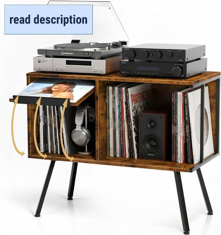lot 491788 image: Flip Top Record Player Stand, Large Turntable Stand Holds up to 150 Albums, Vintage Mid Century Record Player Table, Stereo Cabinet with Open Storage, for Living Room, Bedroom, Rustic Brown