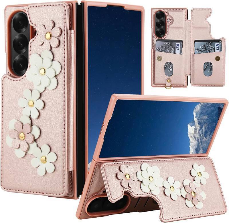 lot 491825 image: for Samsung Galaxy Z Fold 7 Wallet Case Leather Built-in Flip Card Holder Freshness Small Flower Pattern Crossbody Strap Wallet case for Galaxy Z Fold 7 Rose Gold