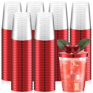 lot 16723 image: Gerrii 100 Pcs 10oz Plastic Cups Disposable Fancy Rimmed Cups Elegant Clear Drinking Tumblers for Wedding, Birthday, Halloween, Christmas, Graduation Party(Red) - Retail $27