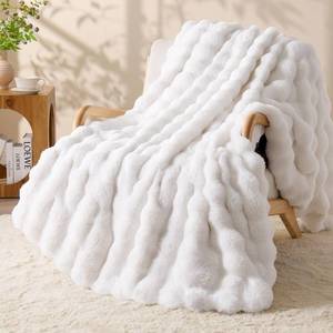lot 16727 image: BEDELITE Faux Fur Cream Throw Blanket, Soft Cozy Plush Bubble Blanket for Couch Sofa Bedroom Living Room Decor - 870GSM Thick Warm Fuzzy Fluffy Faux Rabbit Fur Blanket for Women Gift, 60x80 Inches - Retail $57