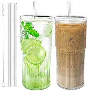 lot 16736 image: Luiaiog Glass Cups with Lids and Glass Straws, High Borosilicate 20OZ Tumblers (2Pcs) for Coffee, Tea, Juice, Smoothies, HotCold Drinks at Home, Office - Retail $19