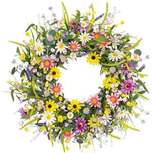 lot 16739 image: Yawwind 22 Inches Spring Wreaths for Front Door Spring Flower Wreaths Summer Door Wreath Colorful Wildflower Wreath with Daisy Lavender for Window Indoors Outdoor Decor - Retail $26