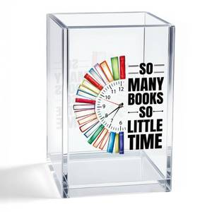 lot 16745 image: Mhfpl So Many Books So Little Time Acrylic Cosmetic Pencil Pen Holder Cup, Funny Bookworm Gifts for Reader Book Lover Student Librarian Book Club Member, Birthday Christmas Gifts for Student Teacher - Retail $13