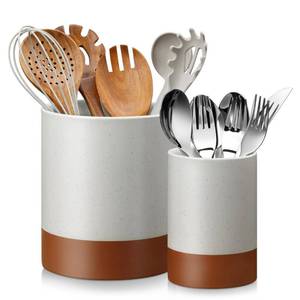 lot 16752 image: SMALLER HOLDER ONLY,MISSING LARGER MALACASA Utensil Holder, 5.5 Ceramic Kitchen Utensil Holder for Countertop, Large Cooking Utensil Crocks for Kitchen Counter, Farmhouse Utensils Organizer, Set of 1, Khaki Gray, Series TARA - Retail $33