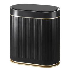 lot 16760 image: ELPHECO Bathroom Trash Can with Lid 2 Gallon Motion Sensor Garbage Can 7.5 Liter Small Trash can Touchless Bathroom Decor Waterproof Smart Waste Bin with Stripes for Bedroom, Office (Black-Golden) - Retail $30