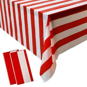 lot 16768 image: peony man 2 Pieces Red and White Striped Tablecloth Plastic Stripe Table Cover Carnival Circus Tablecloths Waterproof Rectangle Tablecloth for Holiday Party Picnic Decoration, 54 x 107 - Retail $8