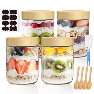 lot 16777 image: YOSMOET 16oz Overnight Oats Containers with Bamboo Lids, Glass Jars with Airtight Lids, Wide Mouth Mason Meal Prep Jars, Food Storage Container for Yogurt Salad Chia Pudding Snacks Spice Sugar,4 Pack - Retail $17