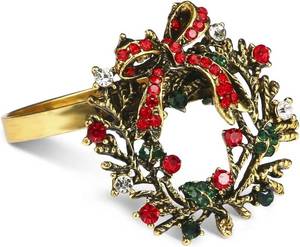 lot 16790 image: Legigo Set of 8 Christmas Wreath Napkin Rings Set- Diamond Wreath Xmas Napkin Ring Holders for Cloth Napkins, Christmas Holiday Party Dinner Table Decoration - Retail $12