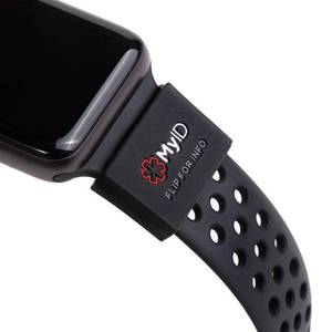 lot 16793 image: myID Black Medical ID Sleeve that Fits Apple Watch, Fitbit, Samsung Gear, Garmin and More - Retail $20