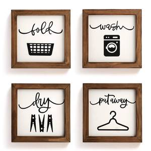 lot 16806 image: Laundry Room Decor for Wall Farmhouse Signs Set of 4 Wash Dry Fold Put Away Rustic Decor for Shelf Laundry Wall Art with Wood Frame Decorative Room Sign 8 x 8 - Retail $22