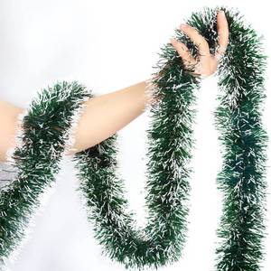 lot 16807 image: 50FT Green Christmas Tinsel Garland Decorations to Christmas Tree, Thick and Thin Metallic Streamers Foil Tinsel Twist Garland Decor for Home Indoor Outdoor Party Supplies - Retail $22