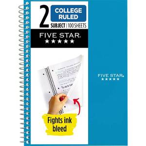 lot 16830 image: Five Star Small Spiral Notebook, 2 Subject, College Ruled Paper, 9-12 x 6, 100 Sheets, Teal Blue (06180AA4) - Retail $4